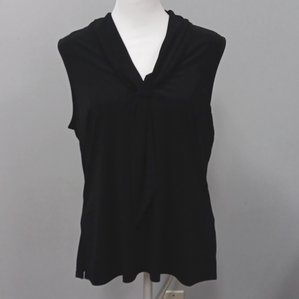 JM Studio sleeveless black blouse with front draping tie NWT
